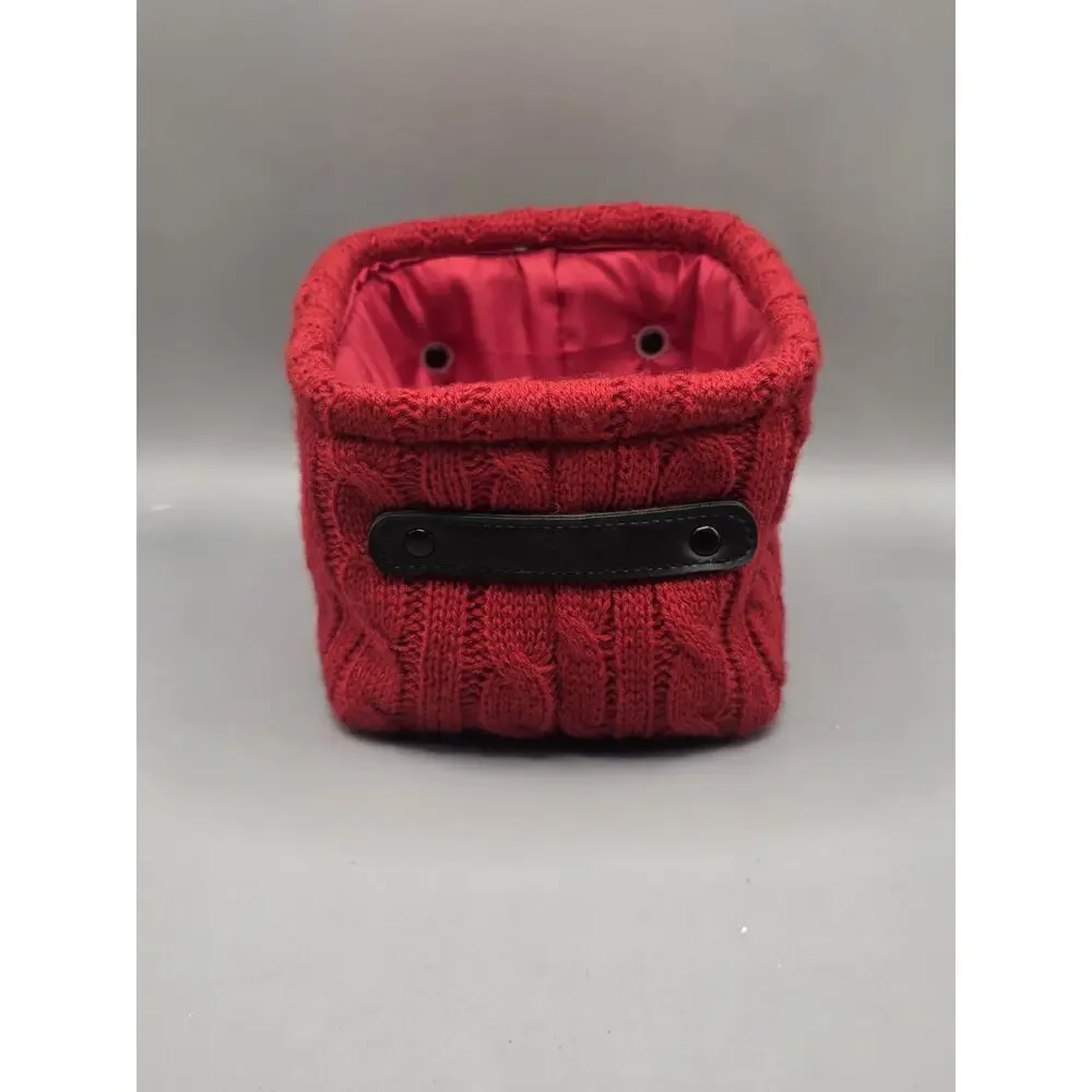 Target Threshold Holiday Red Cable Knit Storage Basket Faux Leather Handle Small